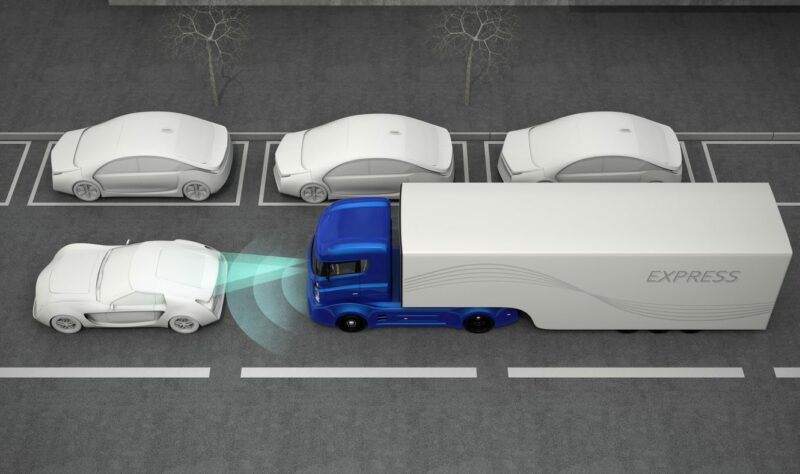 Blue truck stopped by automatic braking system. 3D rendering image.